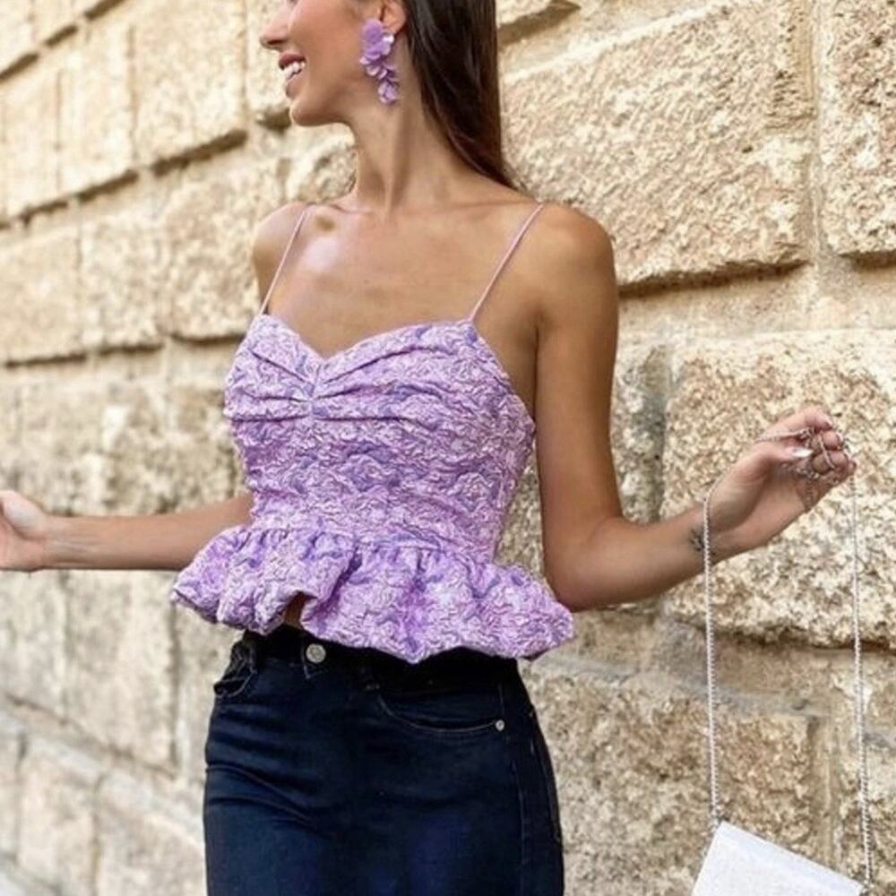 New NWT Zara Limited Edition Strappy Peplum Lilac Purple Metallic Top Medium